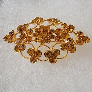 Vintage Goldtone Amber Rhinestone floral  brooch.
